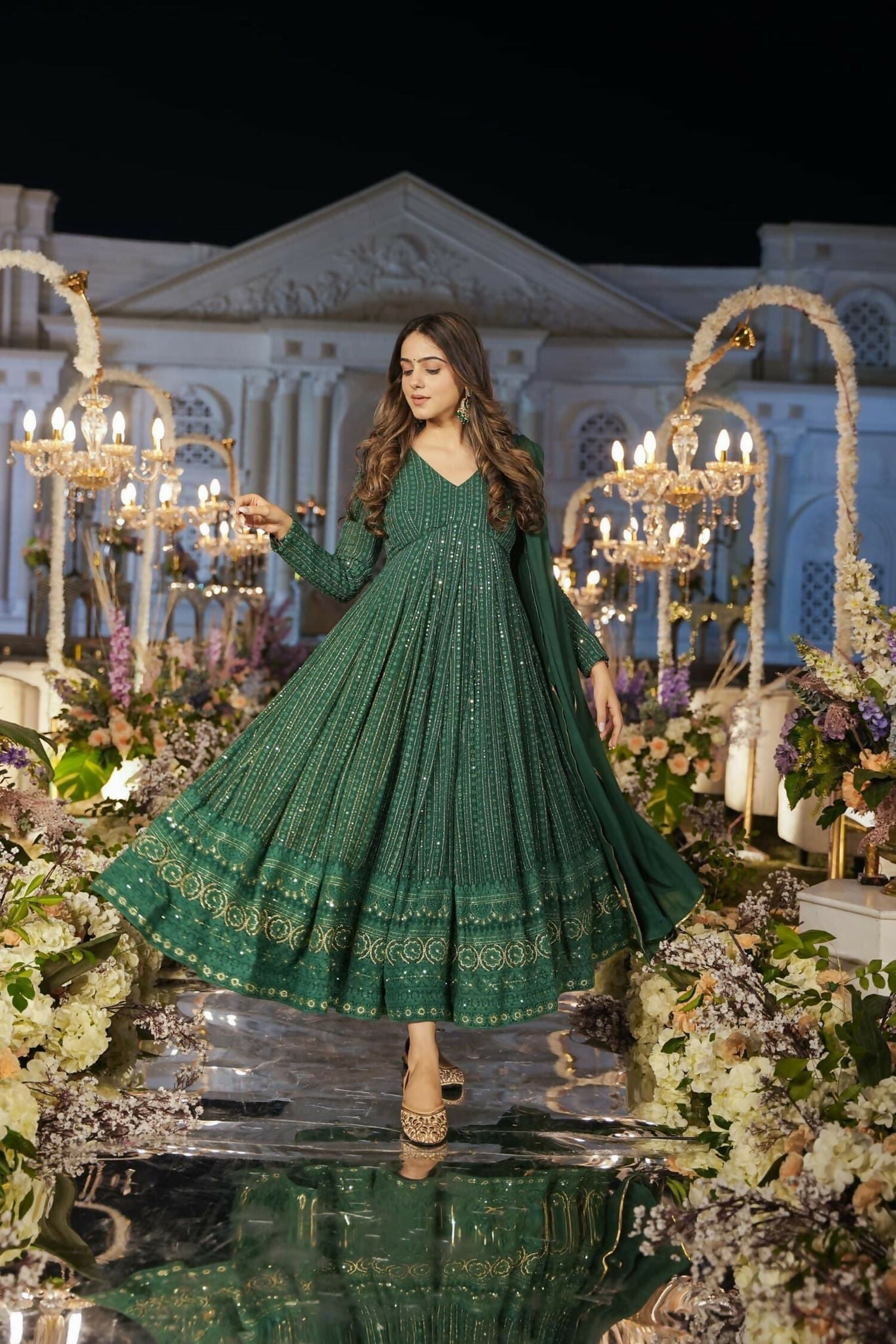 Aayaa Designer Embroidery Zari Sequins Work Faux Blooming Georgette Suit - Green - Distacart