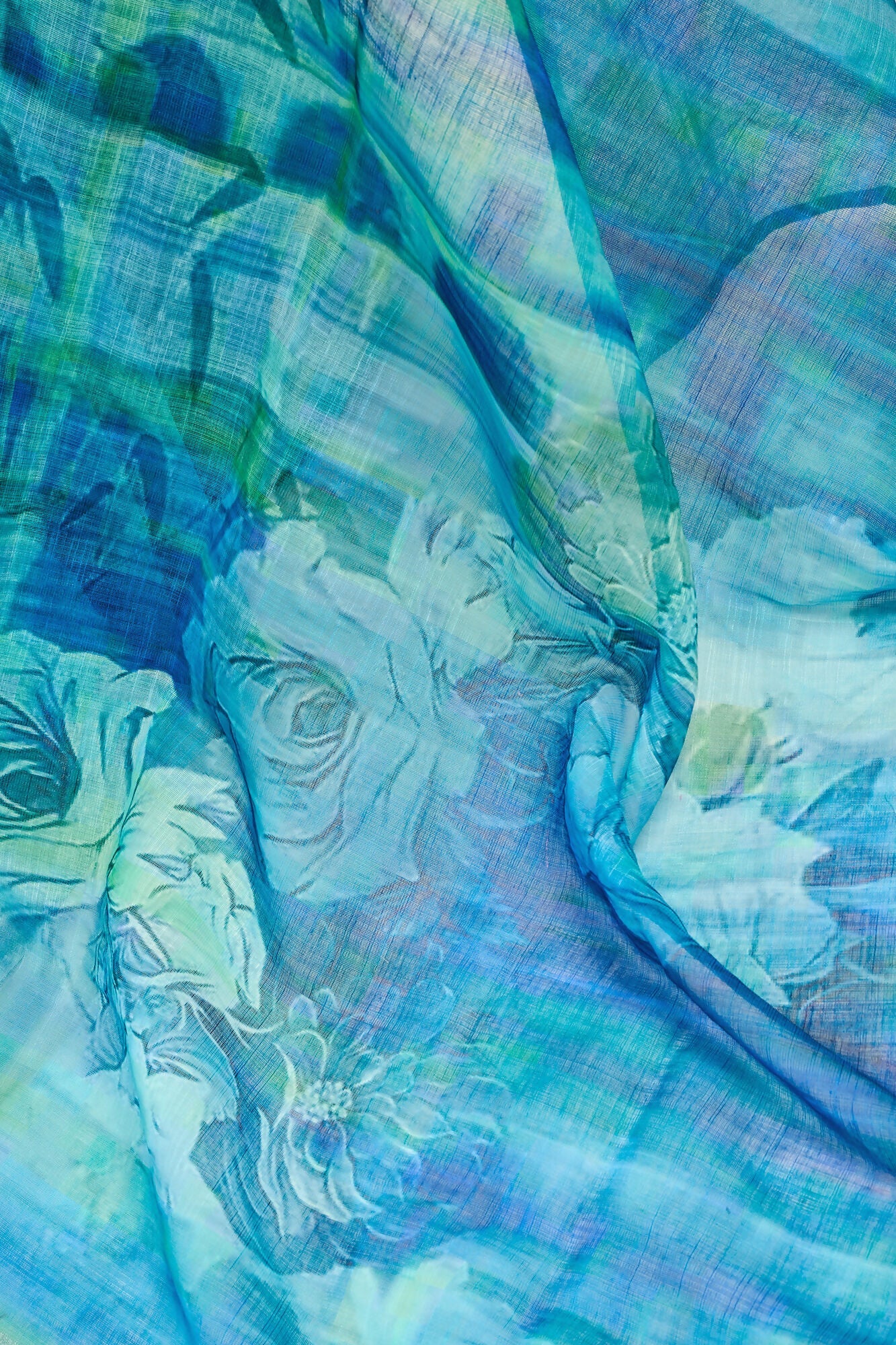 Vastranavya Aqua Blue Digital Printed Linen Ready To Wear Designer Saree with Unstitched Blouse - Distacart