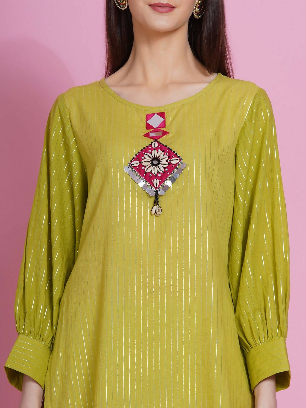Women Republic Green Lurex Cotton Hand Embroidered Kurta With Pants - Distacart