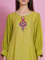Women Republic Green Lurex Cotton Hand Embroidered Kurta With Pants - Distacart