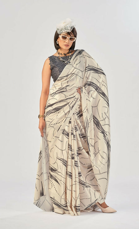Vastranavya Off White Satin Silk Elegant Printed Saree with Unstitched Blouse
