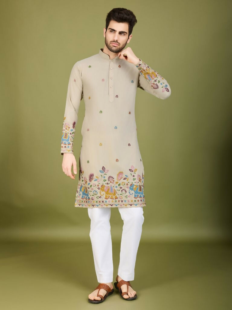Vastranavya Ivory Exclusive Festival Wear Cotton Sequence Embroidered & Thread Work Kurta