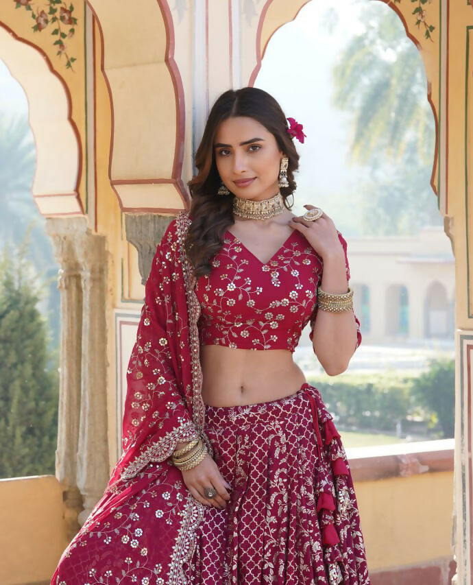 Lorenvalley Ranipink Pure Viscose Jacquard With Embroidered Sequins work Lehenga Choli