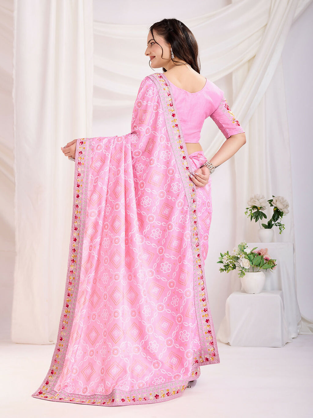 Pink Vichitra Silk Bandhani Printed, Embroidery Work Saree - Ditya