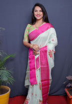 Jyoti Fashion Women's Magenta Linen Silk Digital Print with Jacquard Woven Border Saree with Blouse