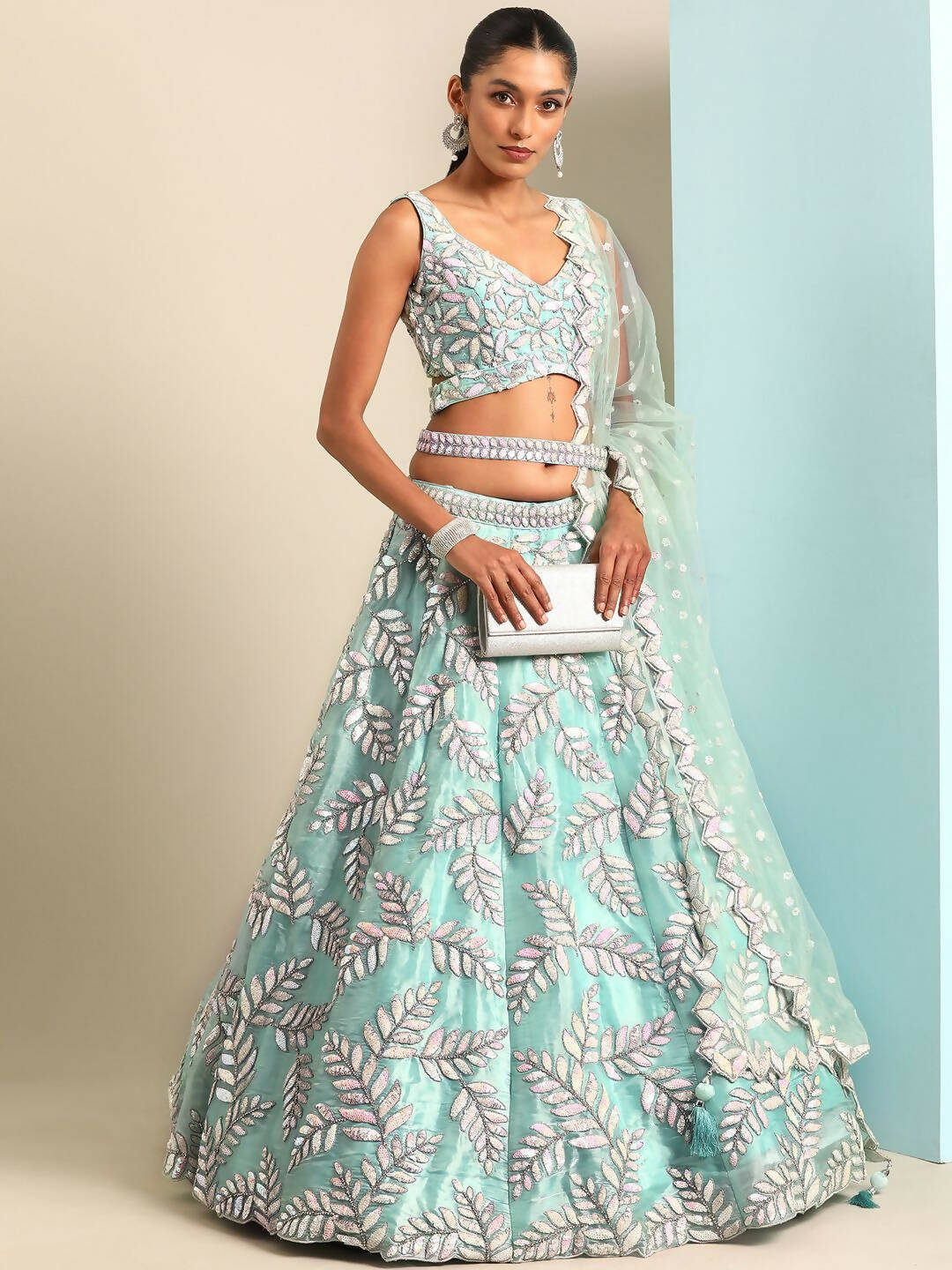 House of Panchhi Turquoise Blue Organza Sequins & Zarkan embroidery Lehenga choli & Dupatta