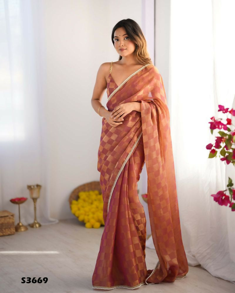 NC Chiffon Chex Wevon Chex Designer, Lace Party Wear Saree - Rust