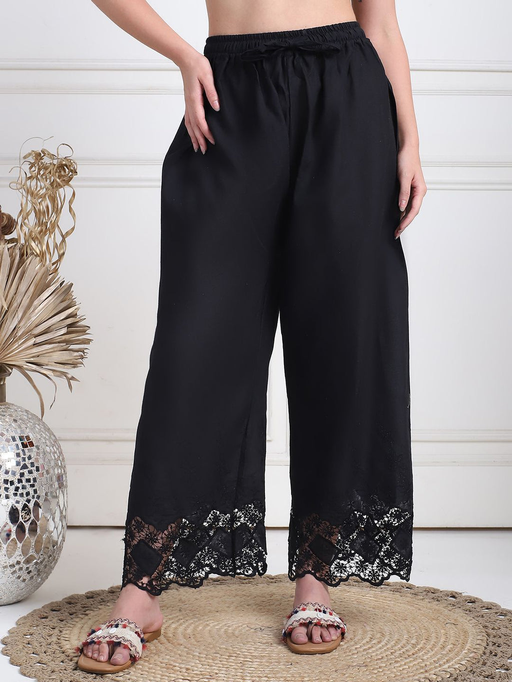 TAG 7 Women Floral Hem Design Flared Ethnic Palazzos