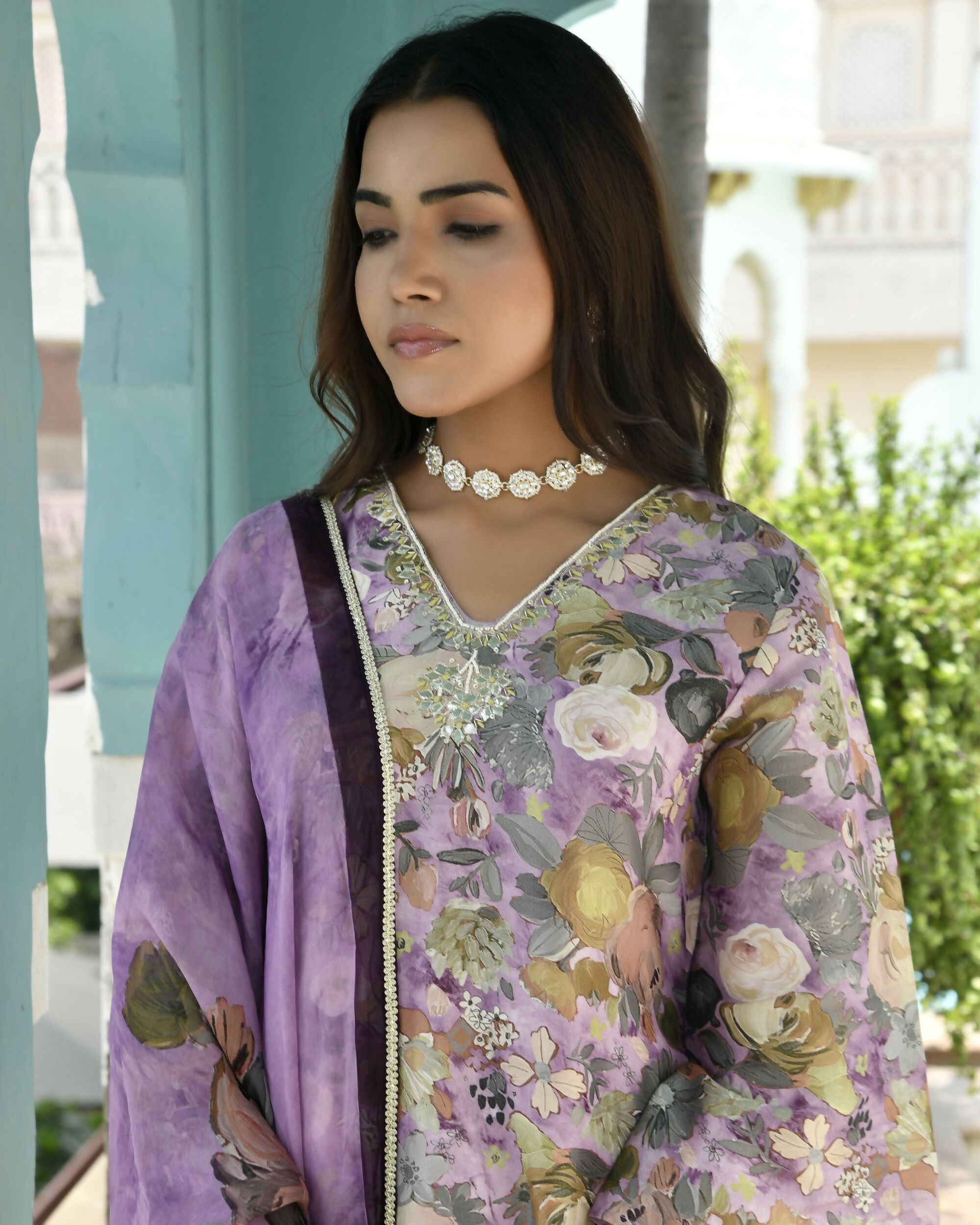 Vaasva Women's Purple Tissue Gota Embroidered Suit Set With Solid Pant And Embroidered Dupatta
