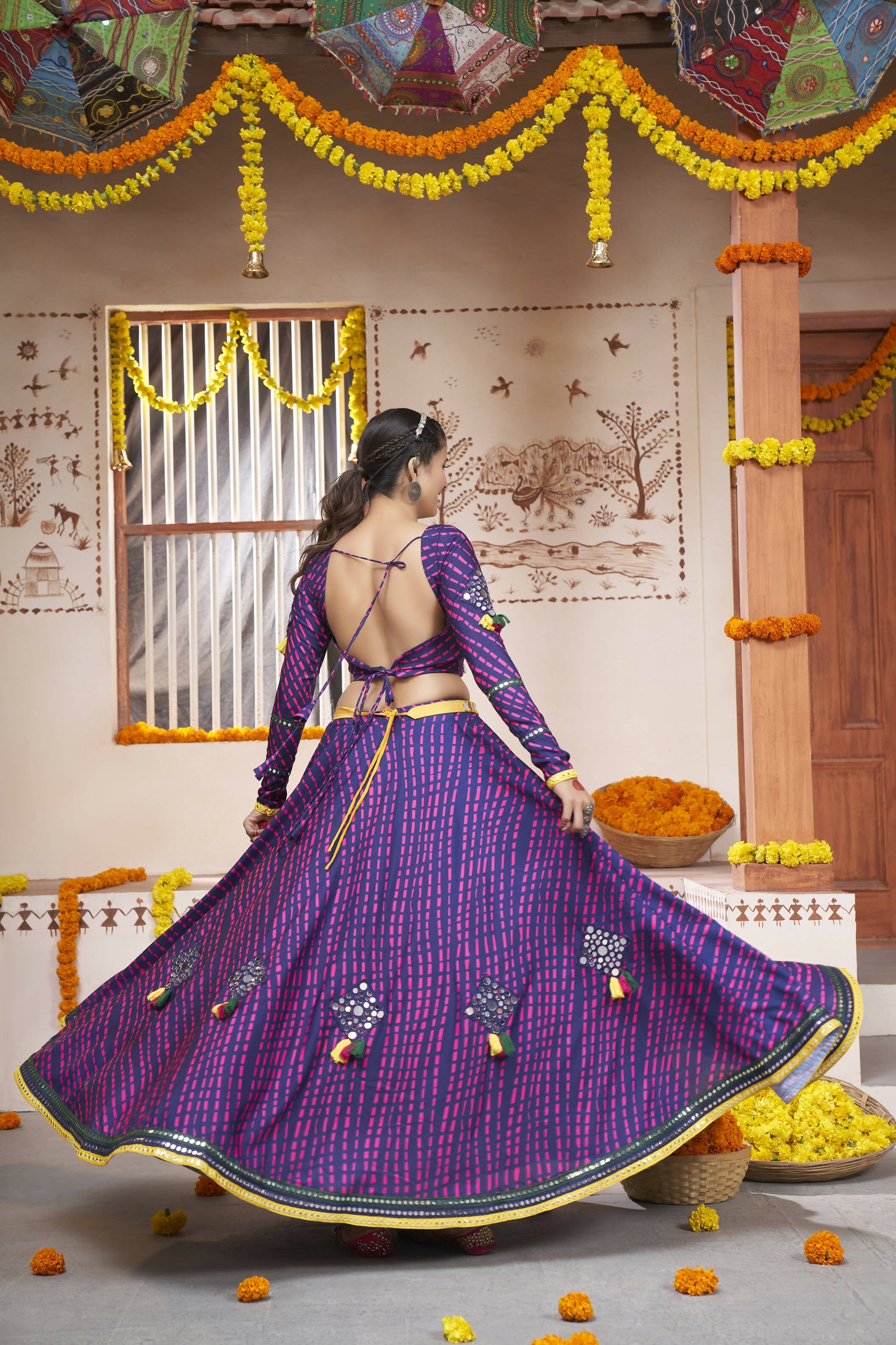 Blue Rayon All over Print with Embroidery Patch Work Navratri Lehenga Choli with Dupatta - Raas