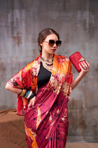 Vastranavya Maroon Satin Silk Printed Saree with a Natural Silk Unstitched Blouse - Distacart
