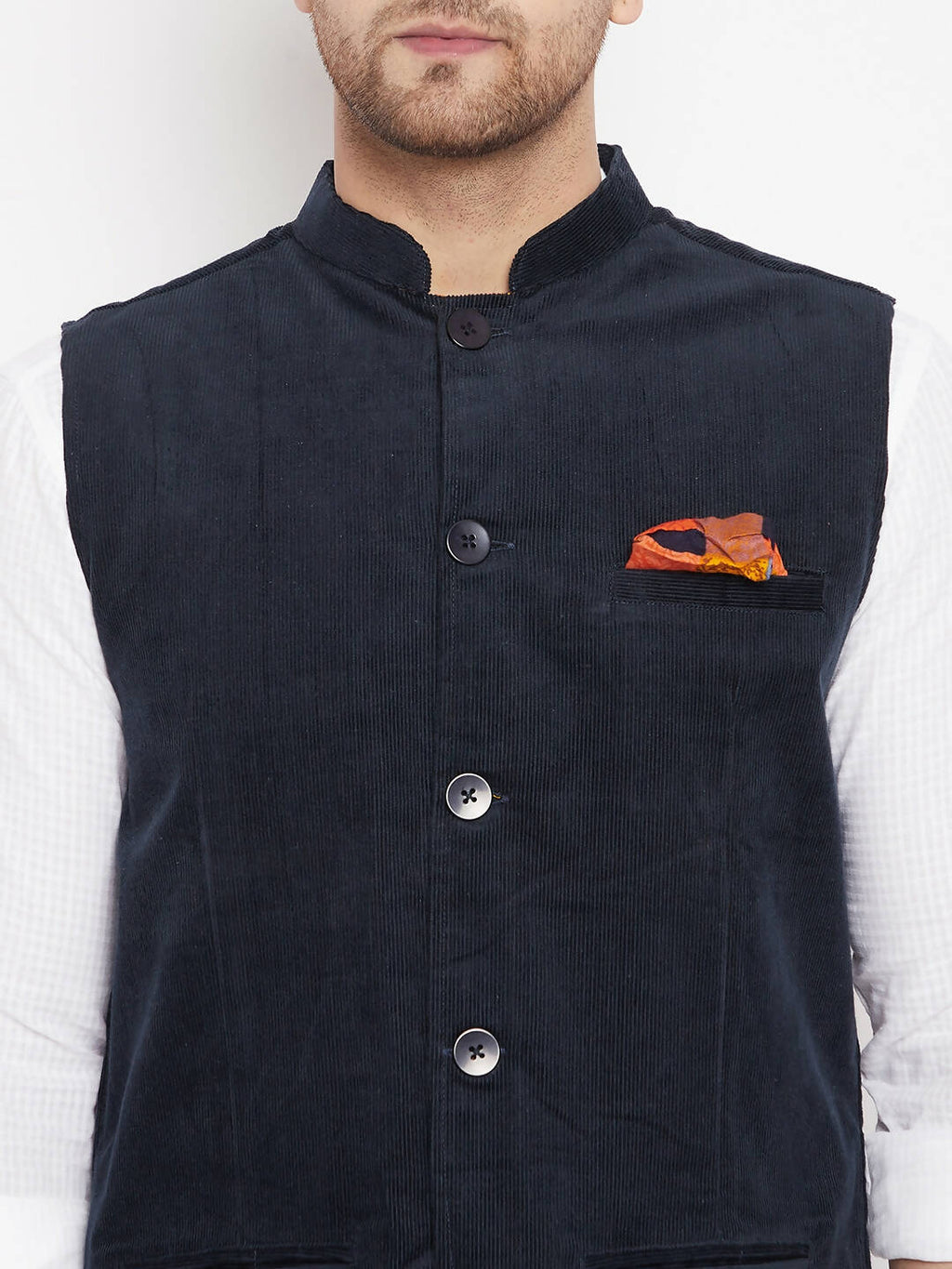 Even Apparels Navy Polyester Men's Nehru Jacket-Contrast Lining-Inbuilt Pocket Square - Distacart