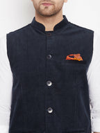 Even Apparels Navy Polyester Men's Nehru Jacket-Contrast Lining-Inbuilt Pocket Square - Distacart