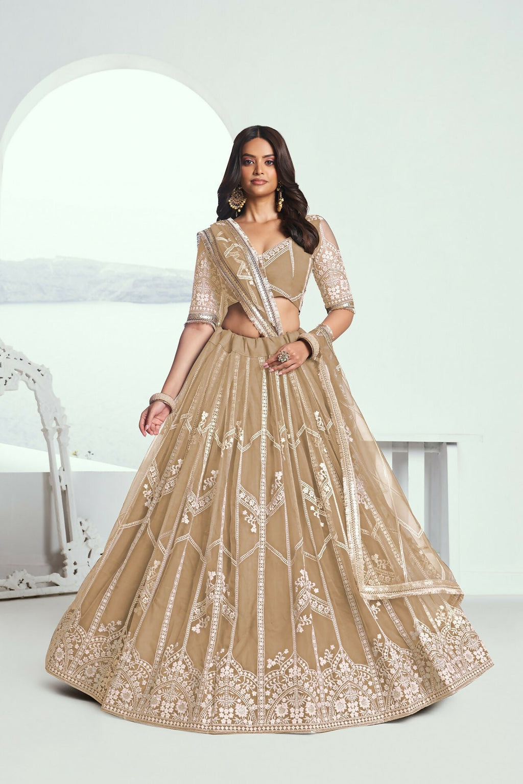 Eilara Charming Beige Thread Work Net Designer Lehenga Choli With Dupatta
