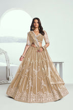 Eilara Charming Beige Thread Work Net Designer Lehenga Choli With Dupatta
