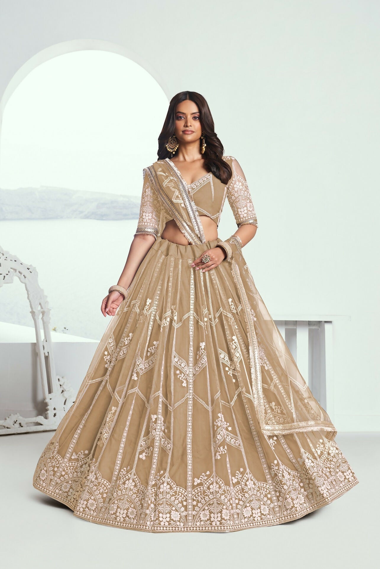 Eilara Charming Beige Thread Work Net Designer Lehenga Choli With Dupatta