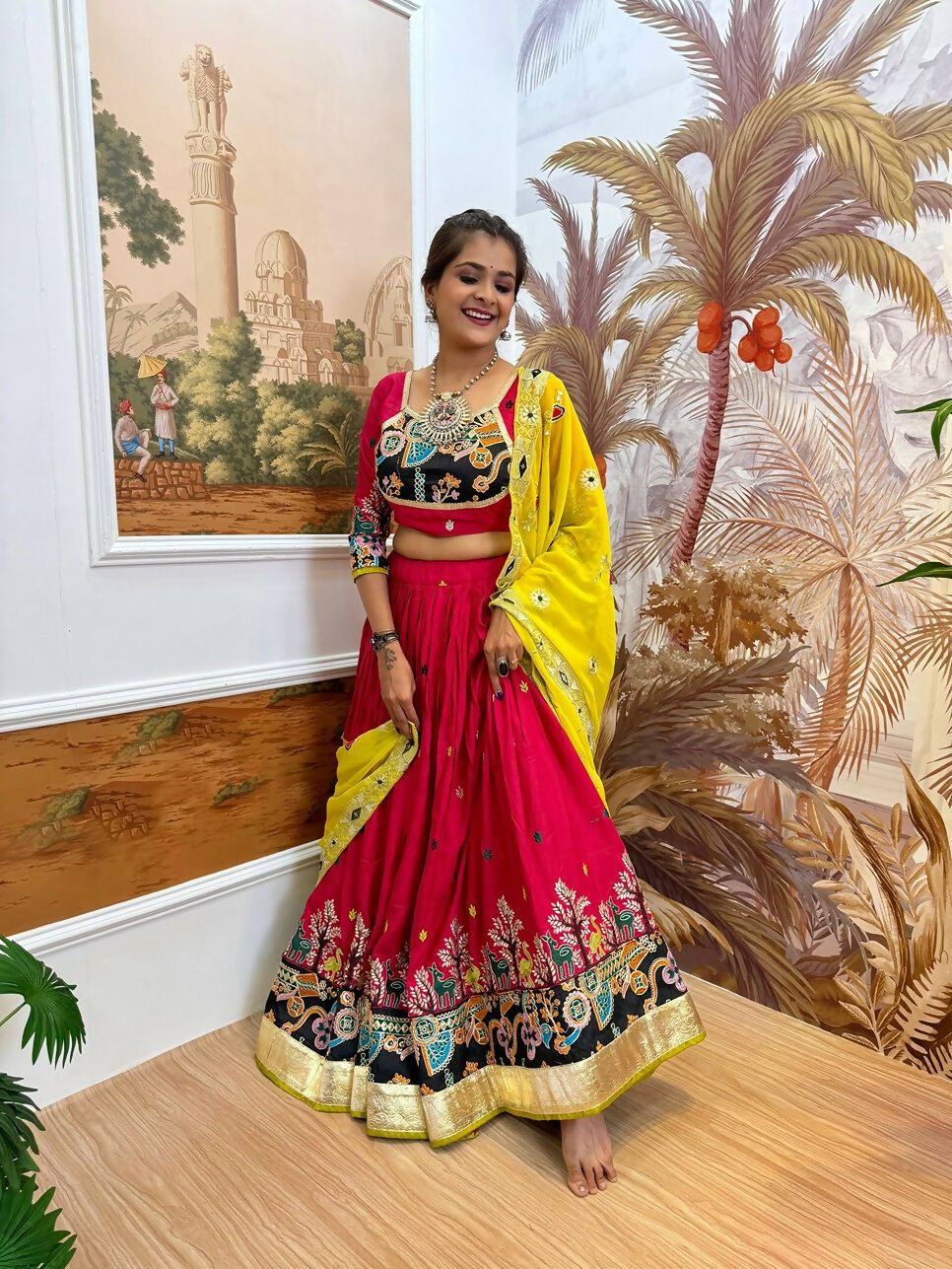 Teeya Creation Rani Colour Rayon Silk Embroidery Work Fully Stitched Navratri Lehenga