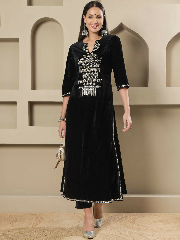 Joban Fashion Women Black Velvet Hand Embellishment Stitched Kurta Set - Distacart