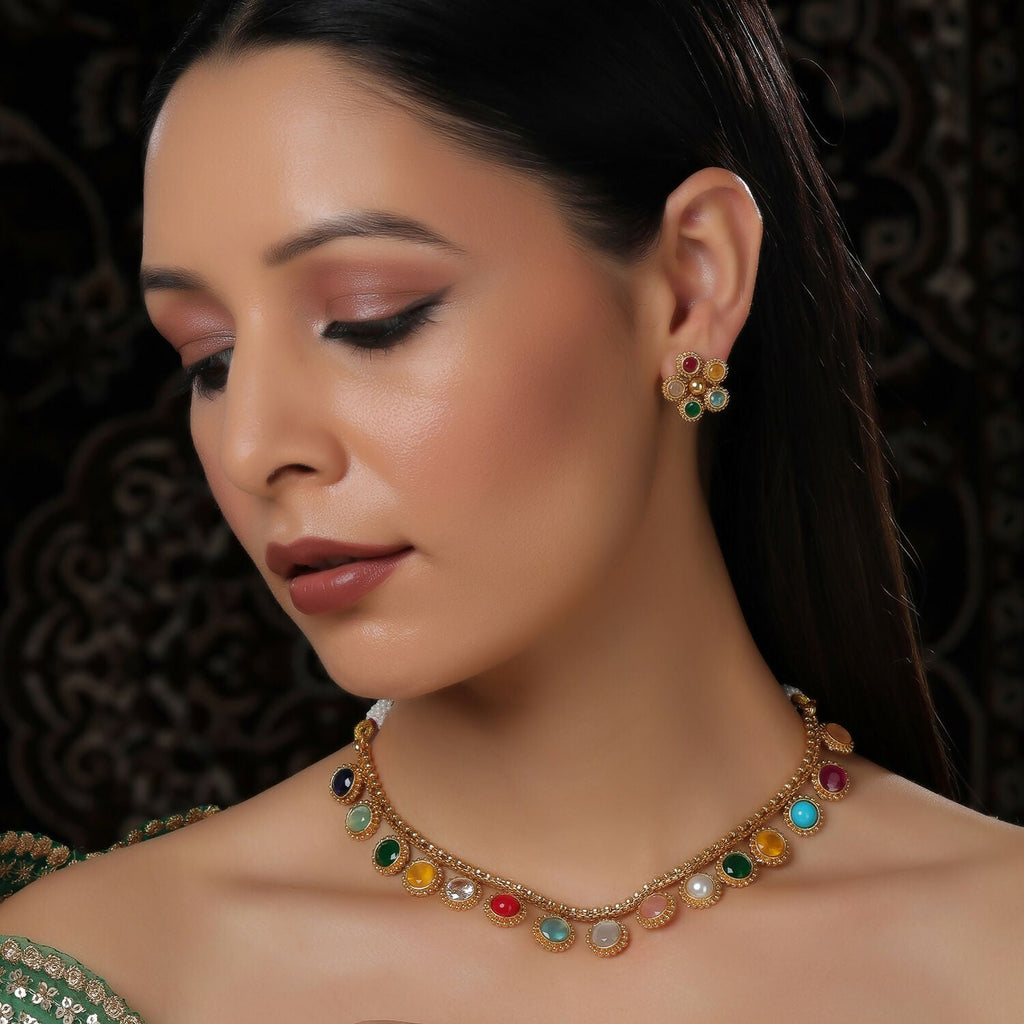 Multi Colored Stone in Gold Choker with Earrings (Multi Color) - Ruby Raang