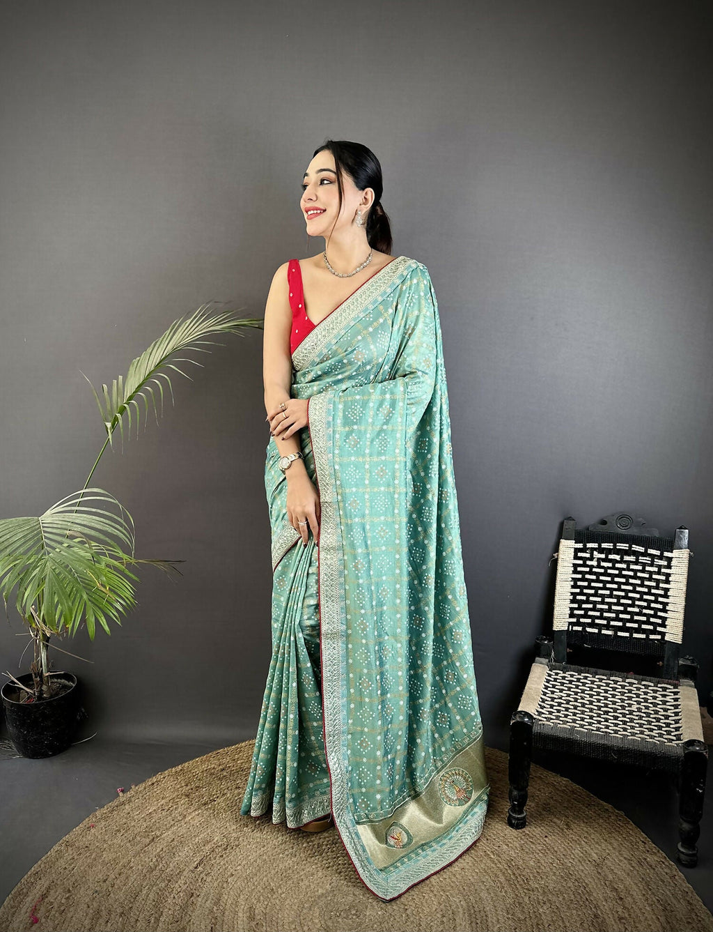 Joban Fashion Sea Green Bandhej Bandhani Vichitra Silk Bandhani Prints Saree - Distacart
