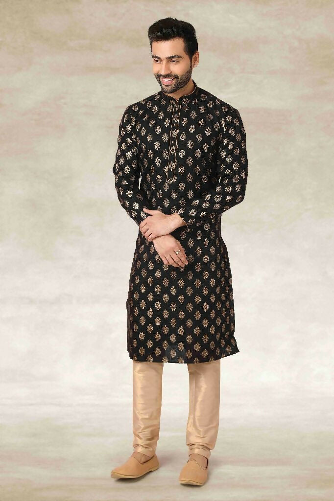 Raivat Ethnic Cotton Printed Work Kurta Pajama In Black Colour