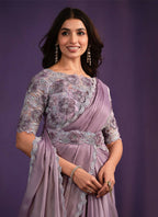 Lavender Crepe Satin Silk Embroidered Saree With Stitched Blouse - Mohmanthan Exotica