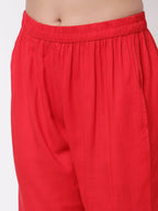 Myshka Red Cotton Solid 3/4 Sleeve Square Neck Casual Kurta Pant Dupatta Set