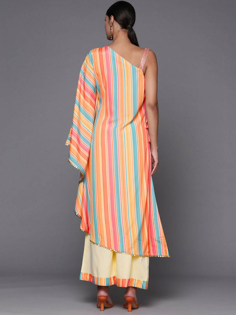 Ahalyaa Peach-Coloured & Blue Printed Striped Asymmetric Taselled Kaftan Kurta Palazzos - Distacart
