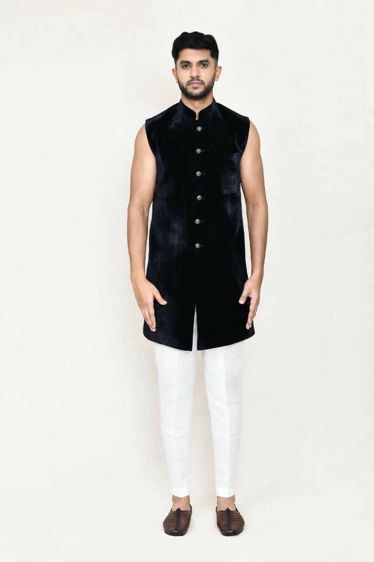 Joban Fashion Blue Colored Velvet Fabric Open Jacket, Indo Western With Straight Fit Pant