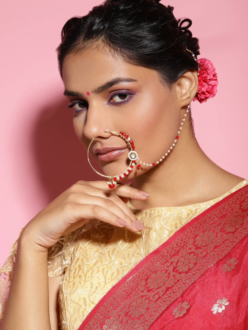 White Red Gold-Plated Kundan-Studded Beaded Nosepin - Ruby Raang - Distacart