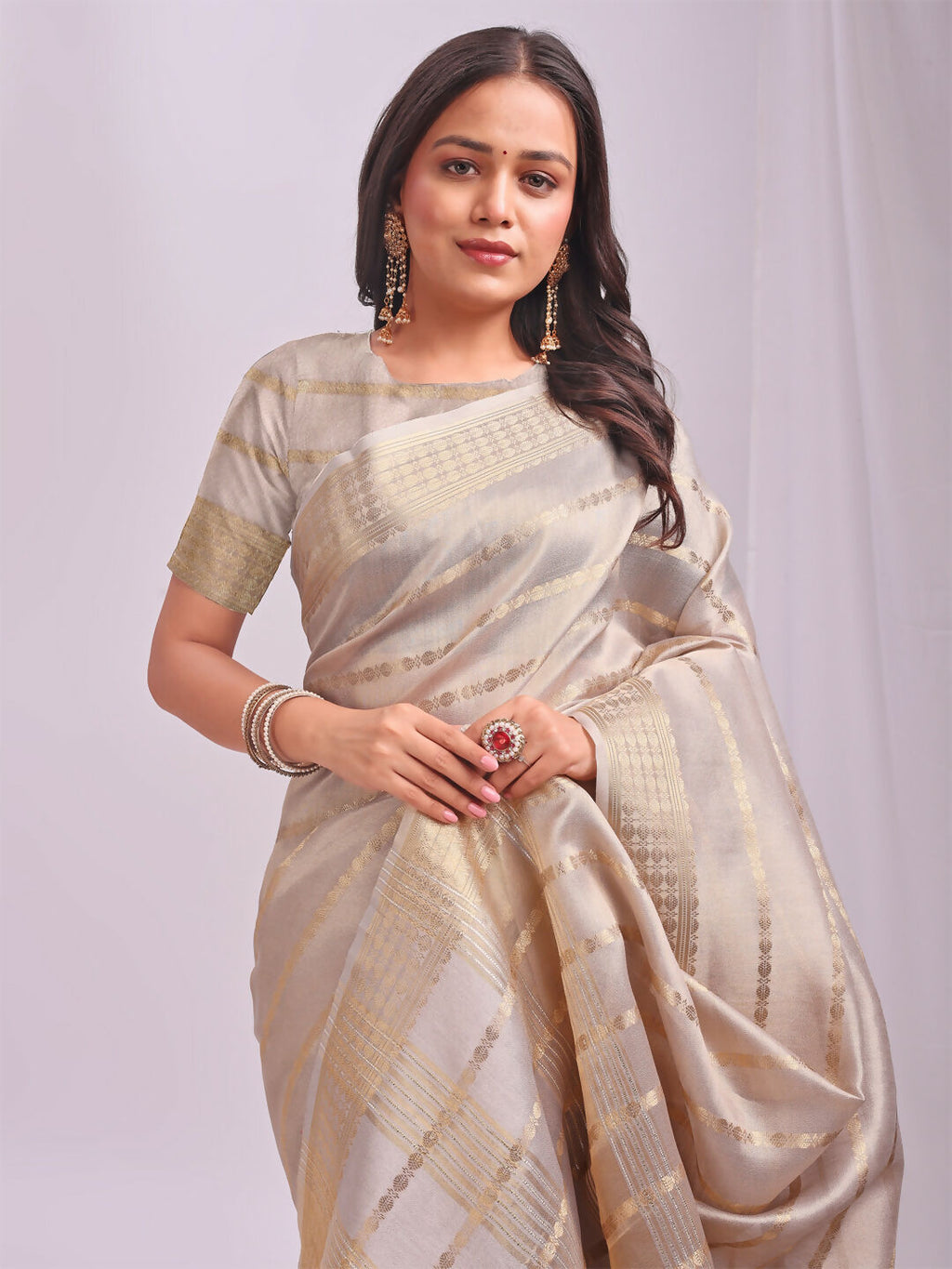 Shree Shyam Fashion Organza Cream Saree - Distacart