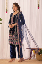 Joban Fashion Blue Kurta Set Velvet Embroidery Sequence Work - Distacart