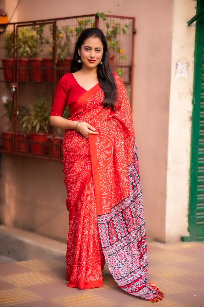 Red Silk Blend Ajrak Saree with Unstitched Blouse - Hiral Fashion
