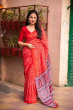 Red Silk Blend Ajrak Saree with Unstitched Blouse - Hiral Fashion