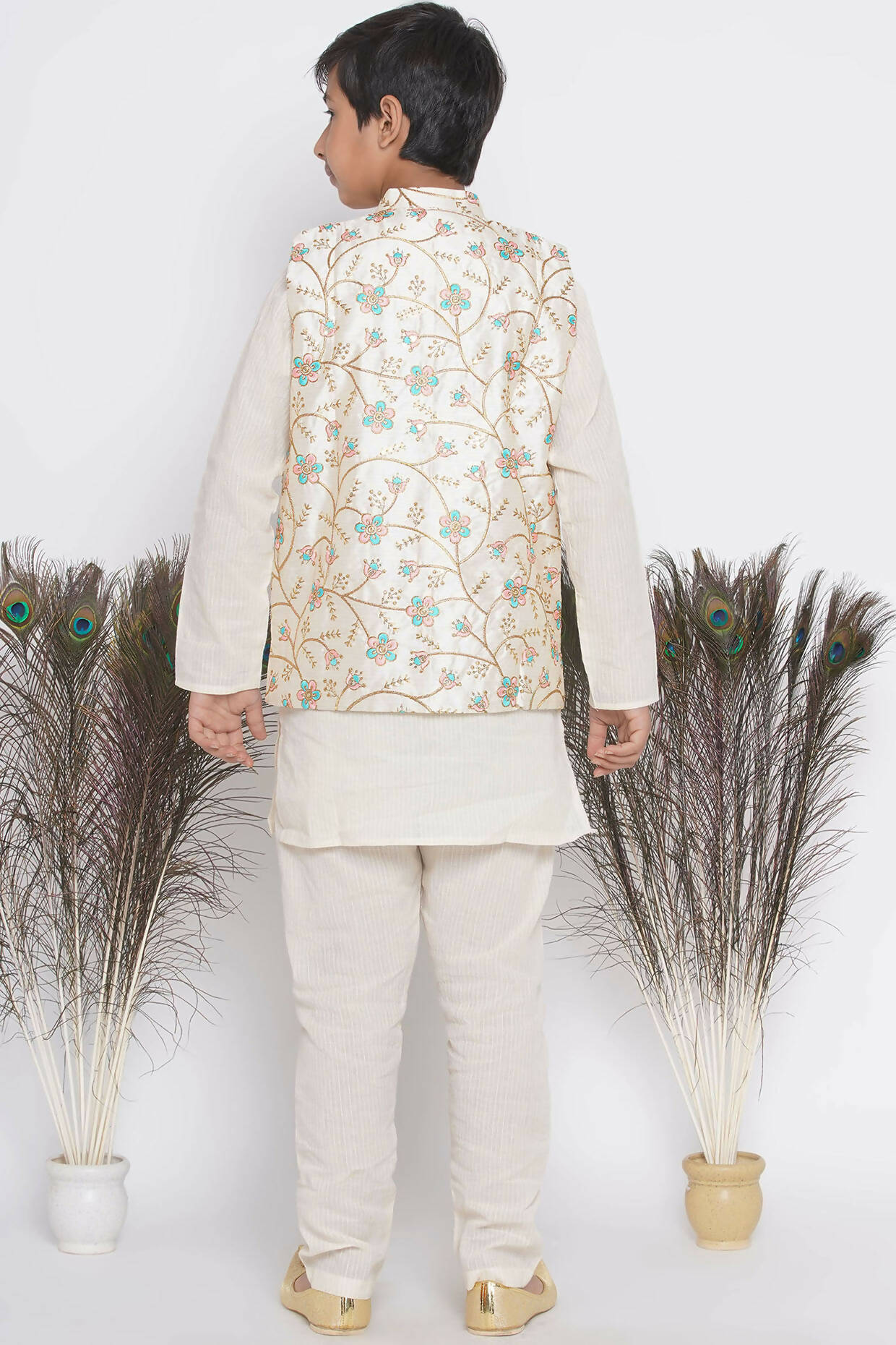 Little Bansi Banarsi Silk Pink Blue Floral Embroidery Jacket with Cotton Kantha kurta and Kantha Pyjama - Cream