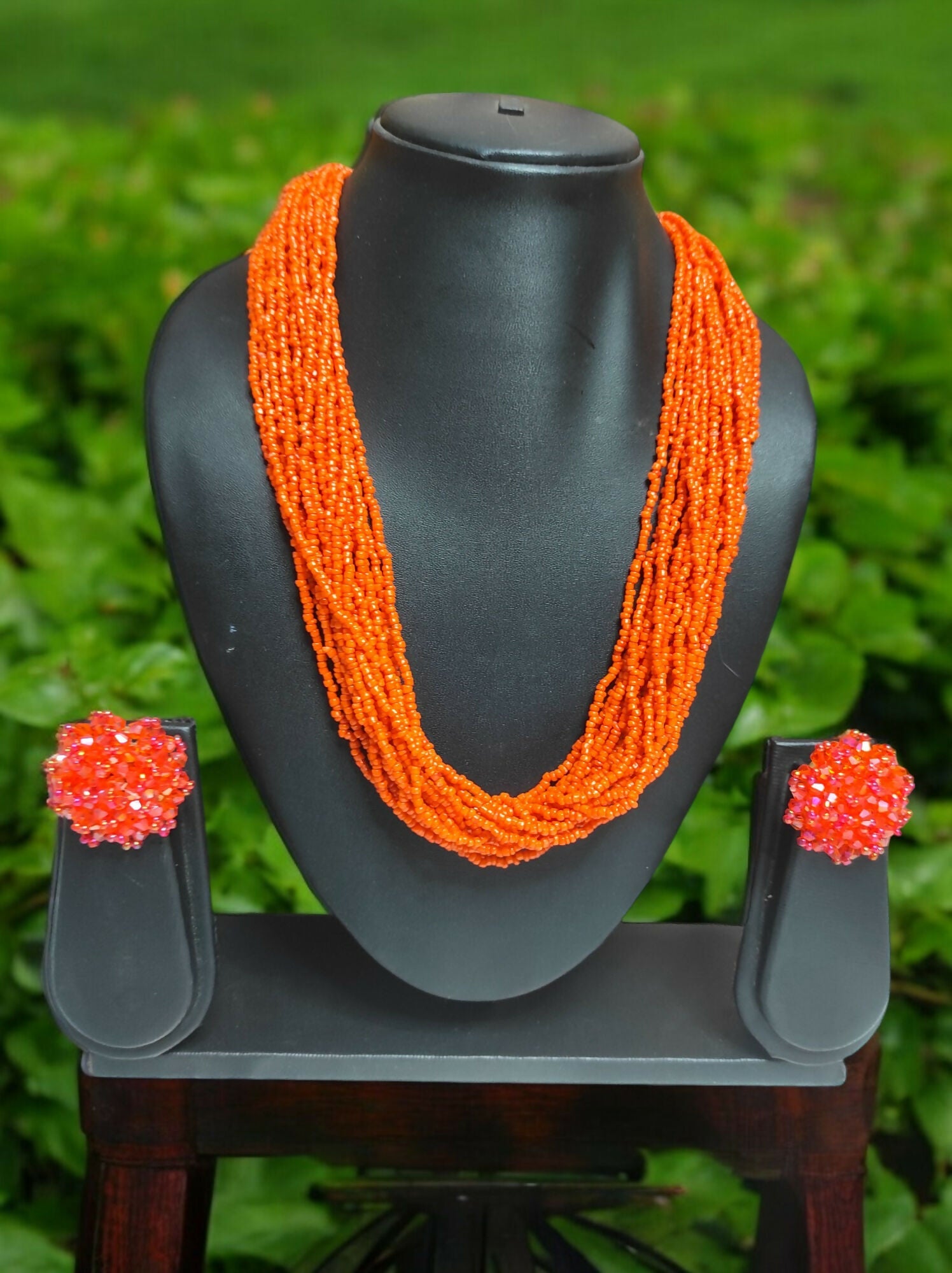 Inhanns Vibrant Handmade 20 Layers Beaded Necklace With Matching Earrings - Orange