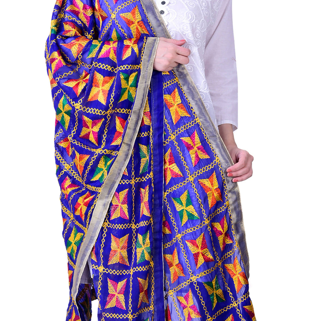 SWI Stylish Women's Embroidered Phulkari Chiffon Royal Blue Dupatta