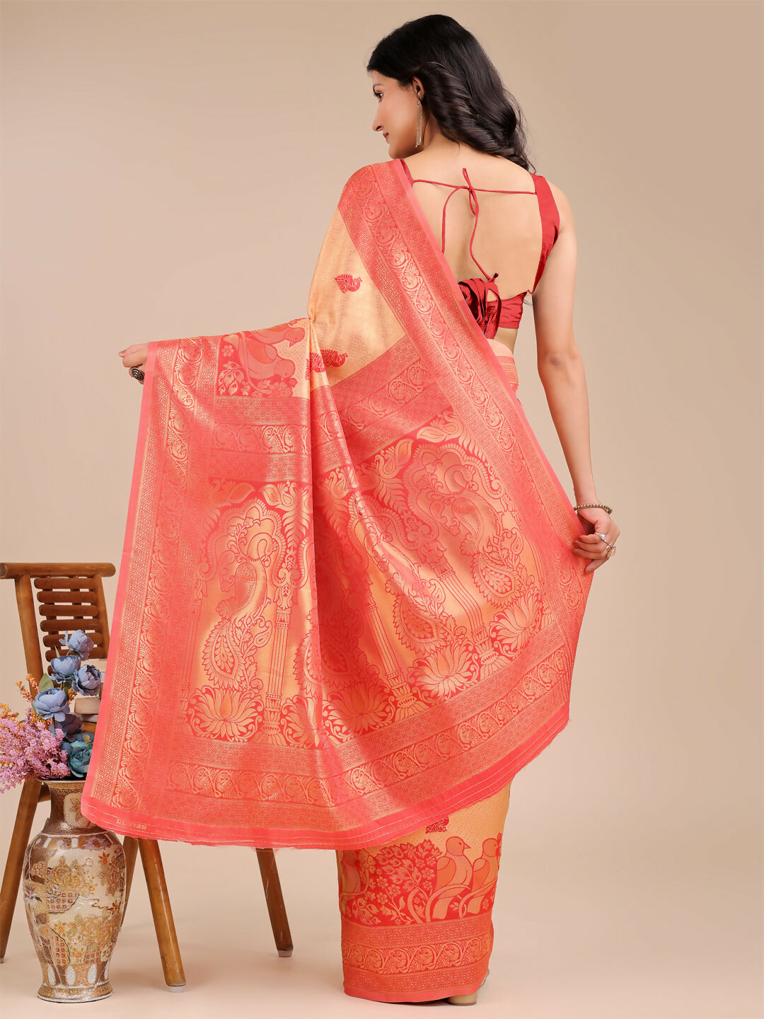 Shree Shyam Fashion Banarasi Silk Cream & Red Saree - Distacart