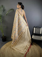 Joban Fashion Cream Intricate Floral & Woven Motifs Soft Silk Banarasi Saree