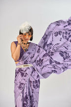 Vastranavya Lavender Satin Silk Elegant Printed Saree with Unstitched Blouse - Distacart