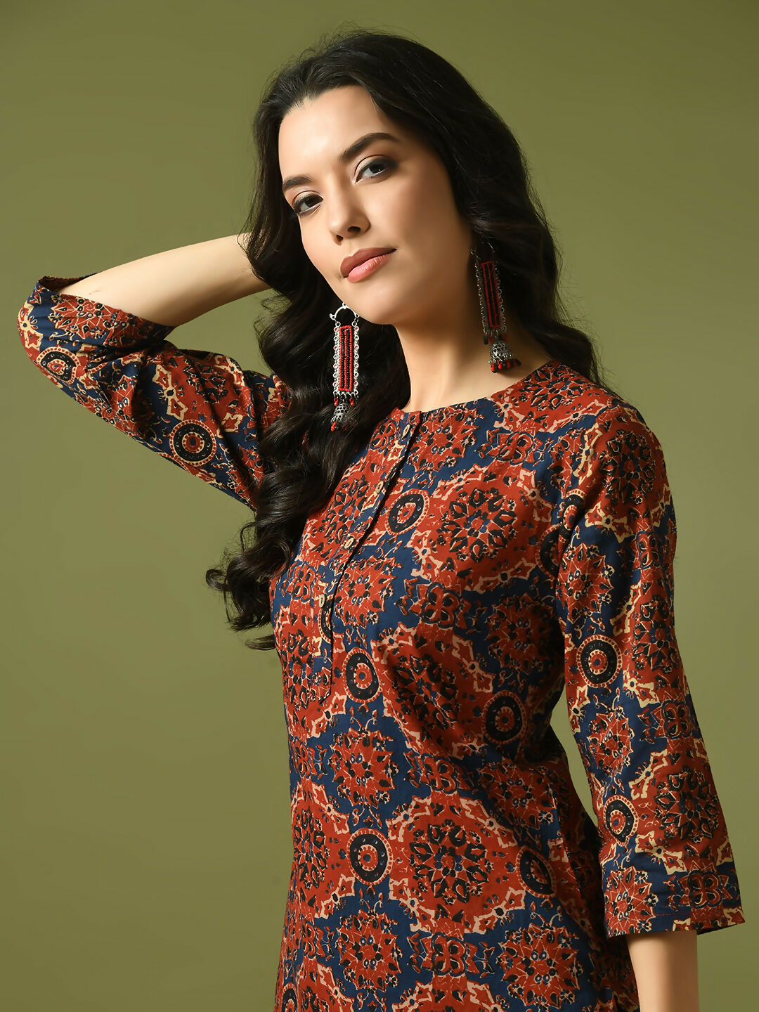 Myshka Women's Multi Printed Cotton Round Neck Party Tunic With Trousers Co-ord set