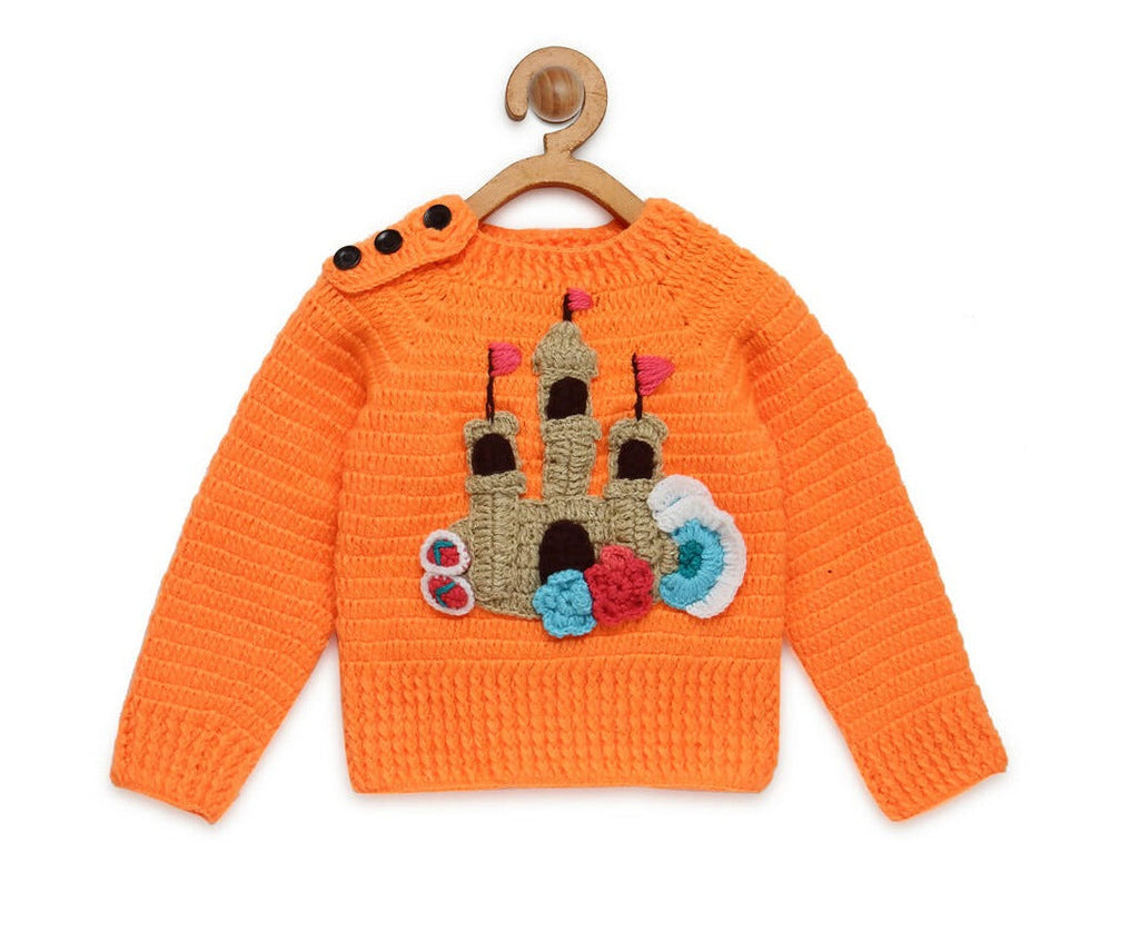 Chutput Kids Castle Design Solid Pullover Sweater - Orange