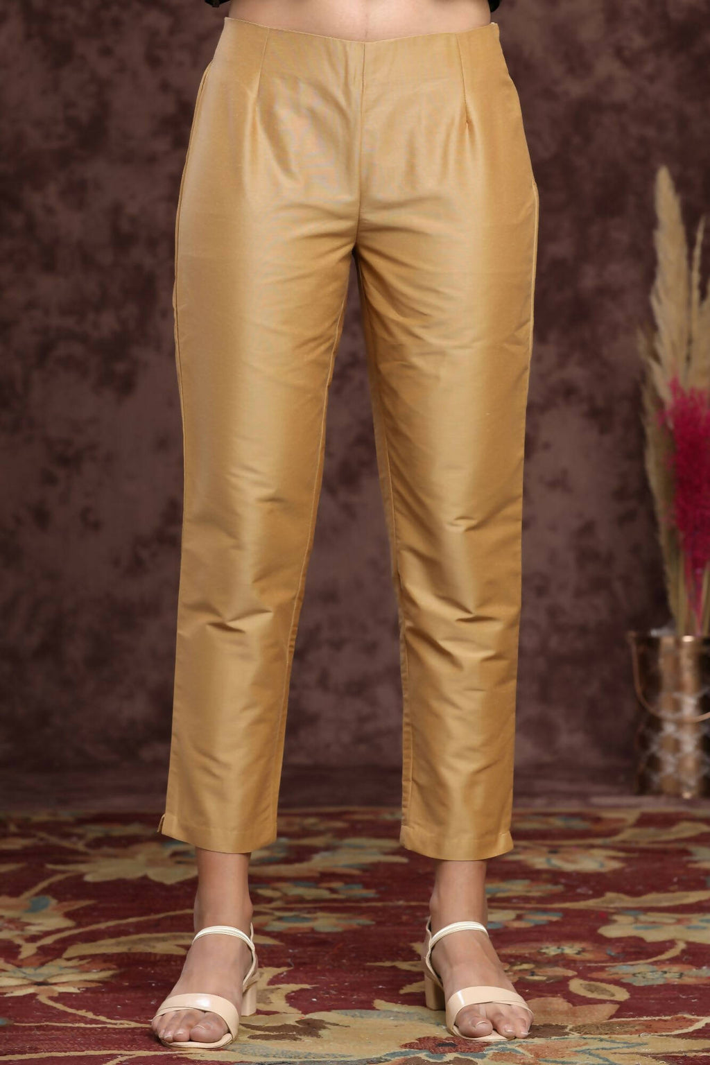 Juniper Women Gold Poly Silk Solid Slim Fit Pant/Slim Pant - Distacart