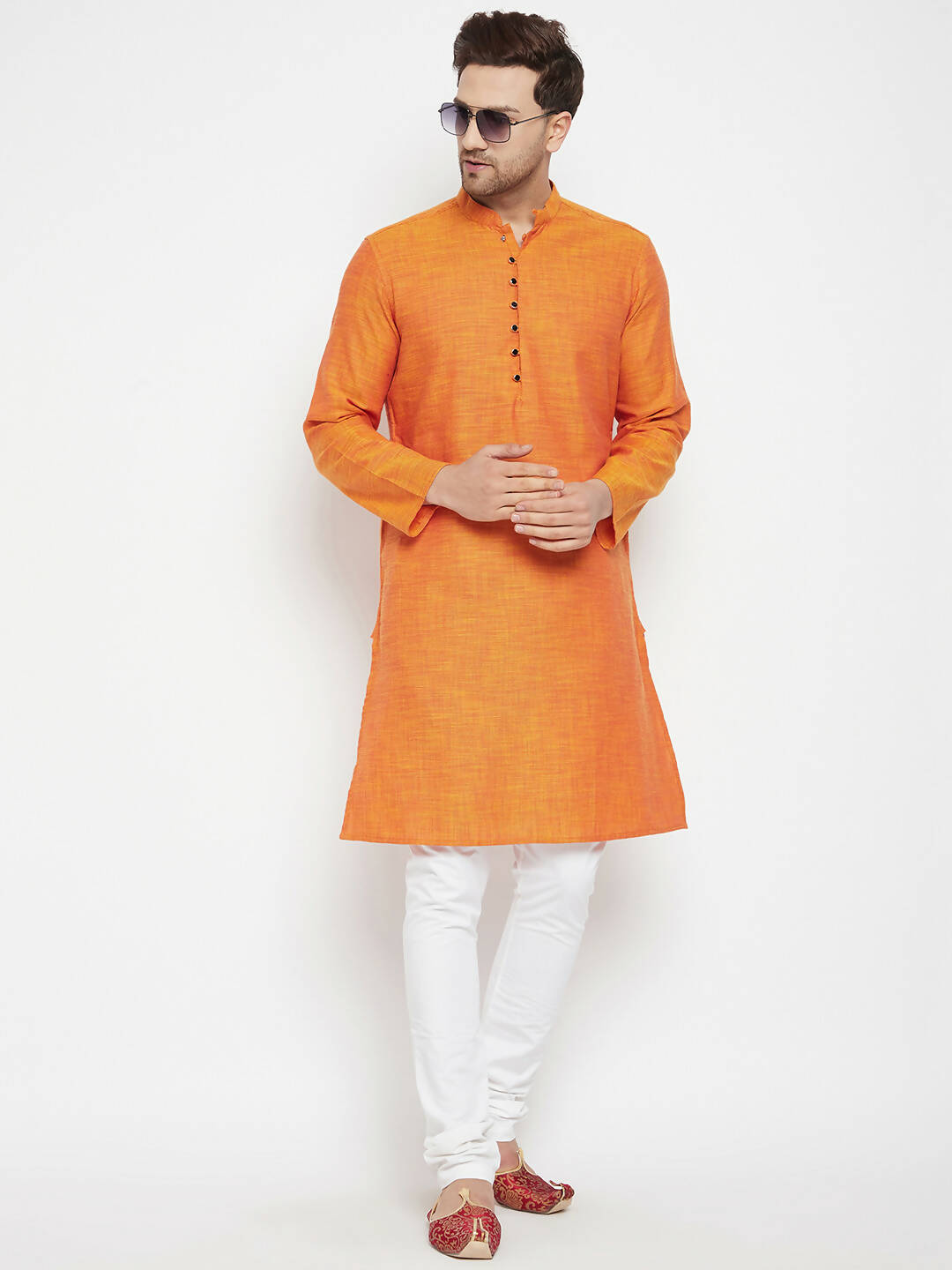 Even Apparels Orange Pure Cotton Long Men's Kurta With Band Collar - Distacart