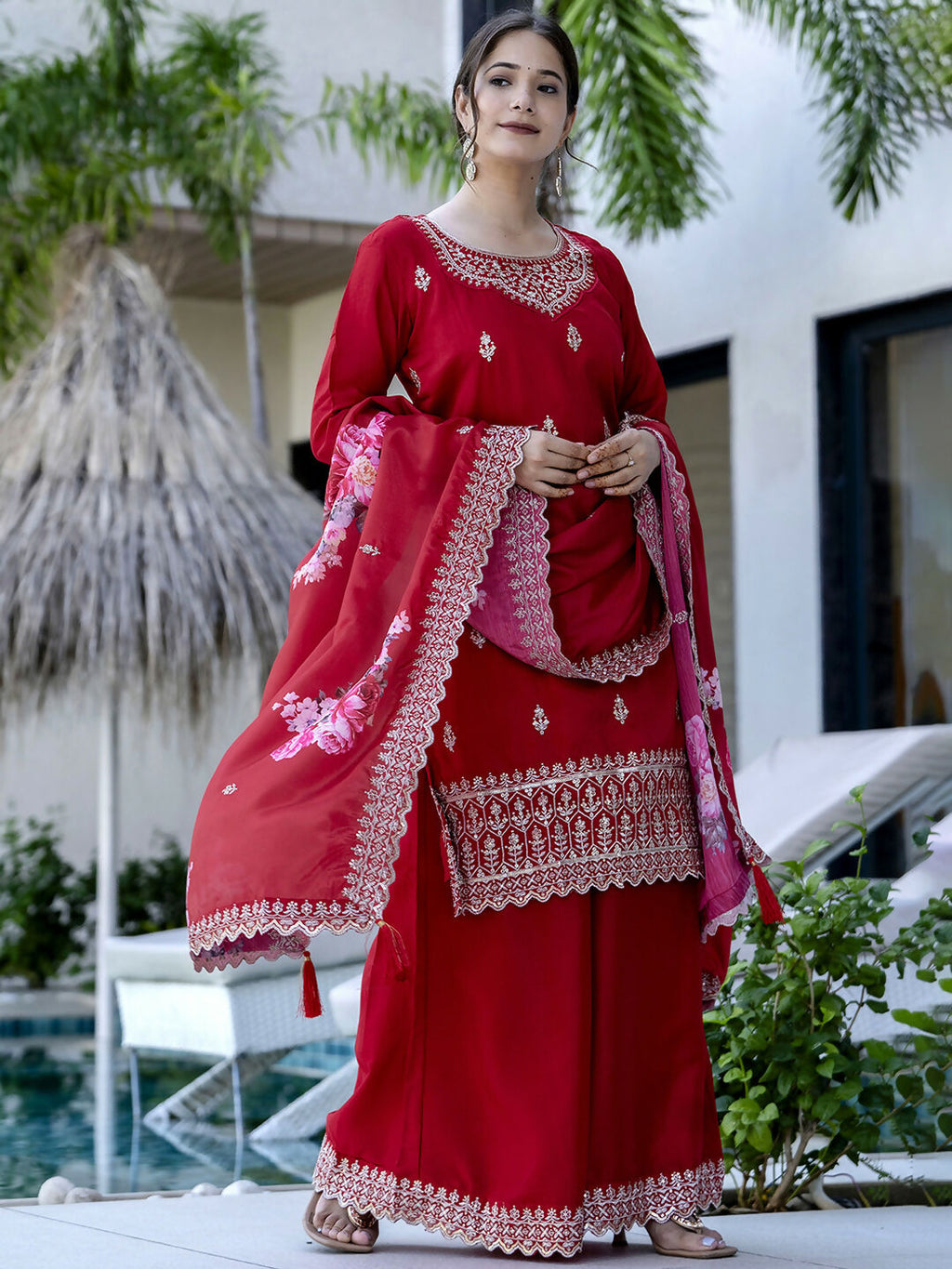 The52 Red Women's Gorgeous Embroidered Vichitra Silk Fabric Straight Kurta, Sharara and Dupatta Set - Distacart