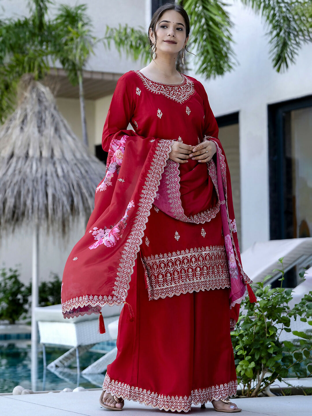 The52 Red Women's Gorgeous Embroidered Vichitra Silk Fabric Straight Kurta, Sharara and Dupatta Set - Distacart