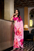 Vastranavya Baby Pink Satin Silk Printed Saree with Hotfix Work Unstitched Blouse