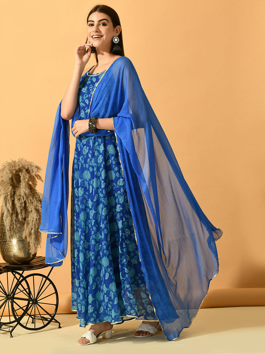 Myshka Women's Blue Festive Flared Anarkali Kurta With Dupatta sets