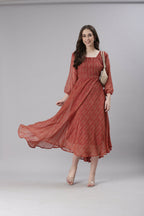 Souchii Rust Orange Printed Fit & Flare Dress