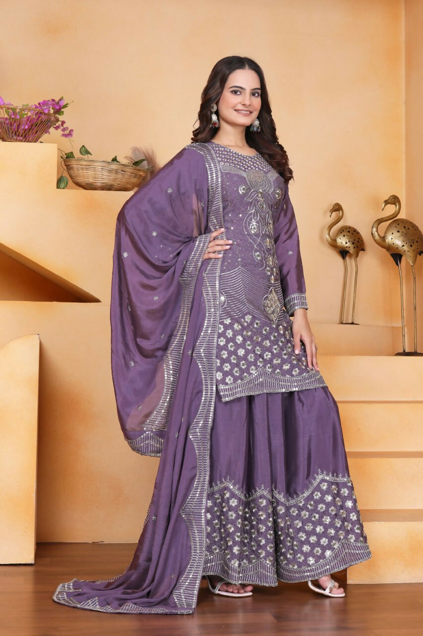 Teeya Creation Lavender Chinon Embroidery Work Party Wear Palazzo Suit - Distacart